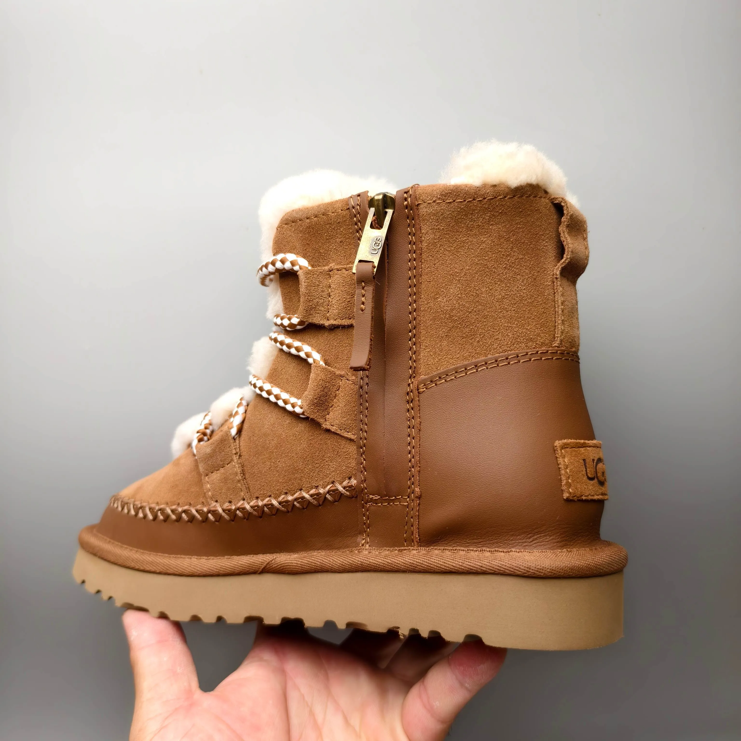 💰600 UGG sheepskin all-in-one snow boots 4574 lace-up side zipper casual shoes Color: Brown Maroon Matching size: 35-40